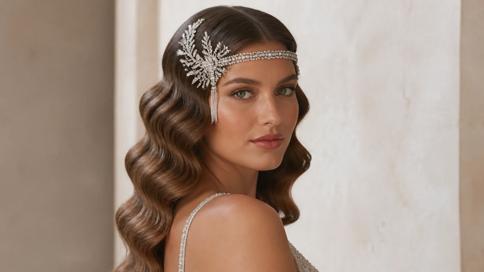 Old-Hollywood waves with an embellished Gatsby headband