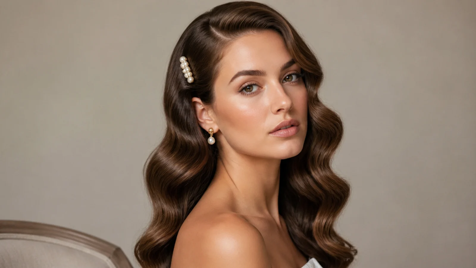 Old-Hollywood waves finished with pearl hair pins