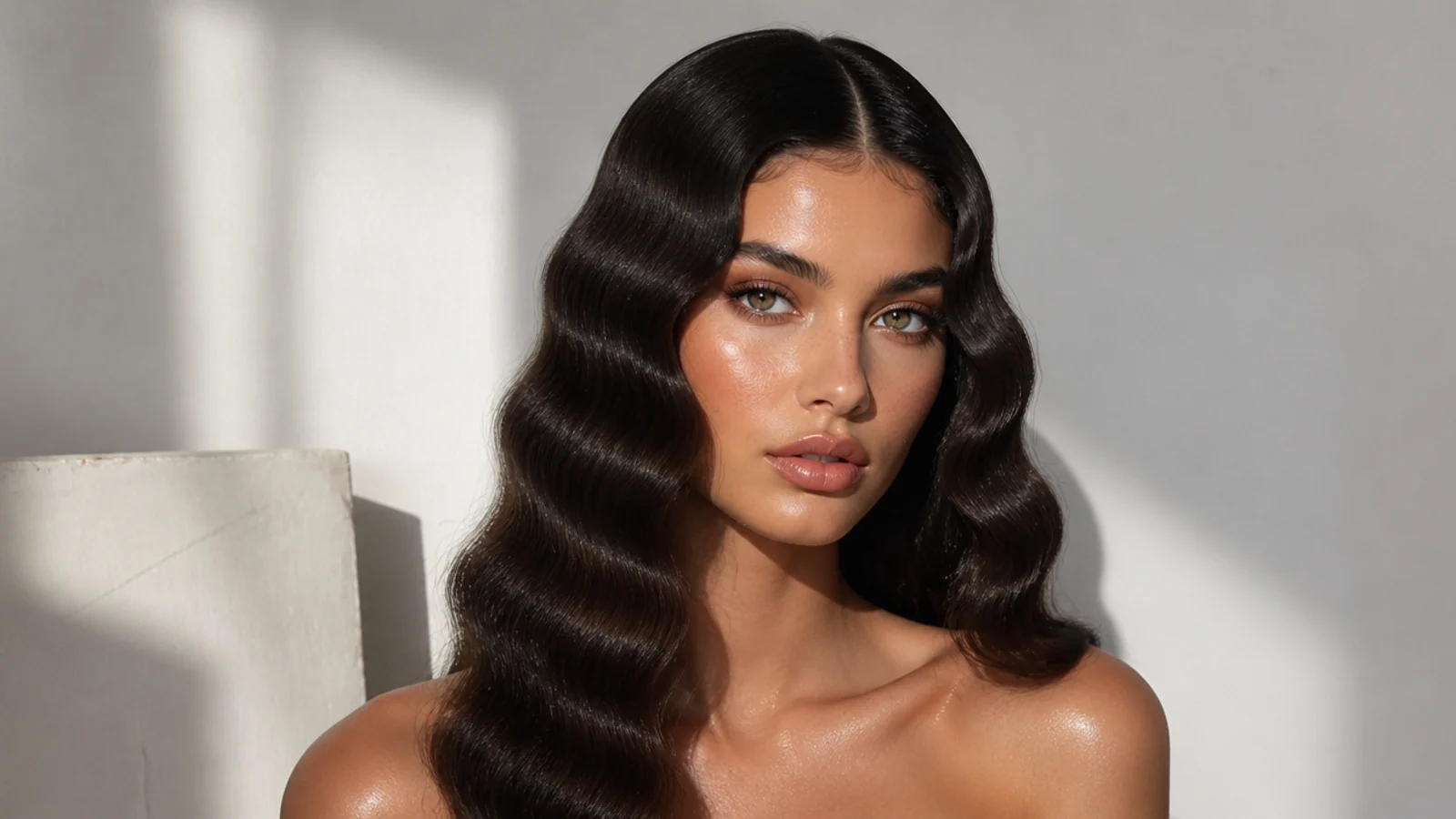 Glossy wet-look sculpted vintage waves