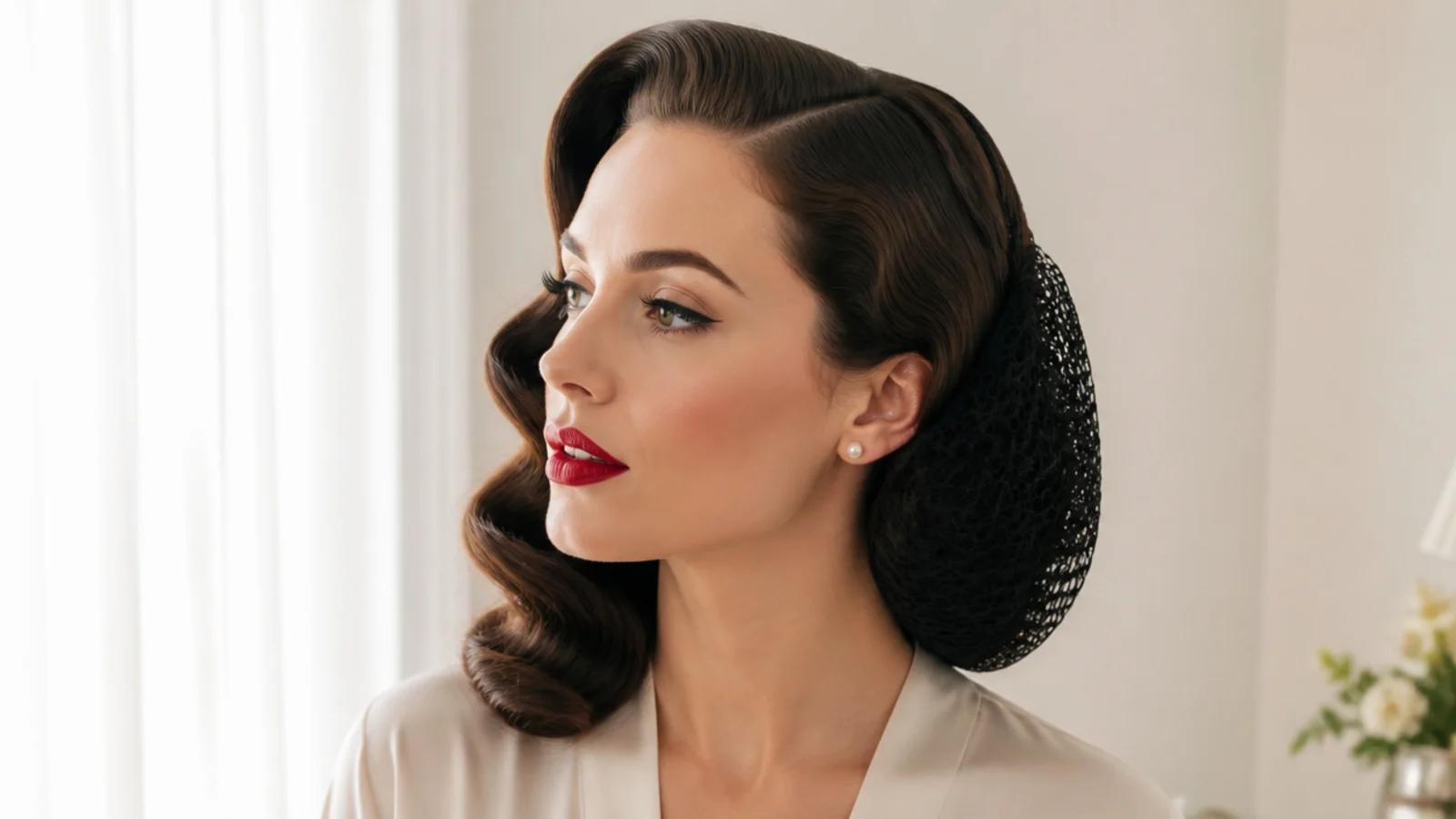 Old-Hollywood waves at the front with a vintage snood at the back