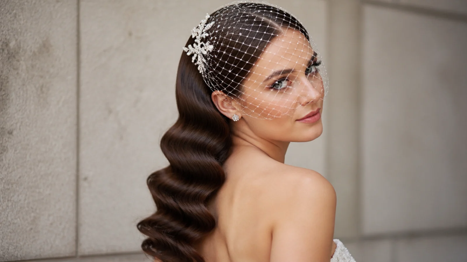 Old-Hollywood waves worn with a vintage birdcage veil