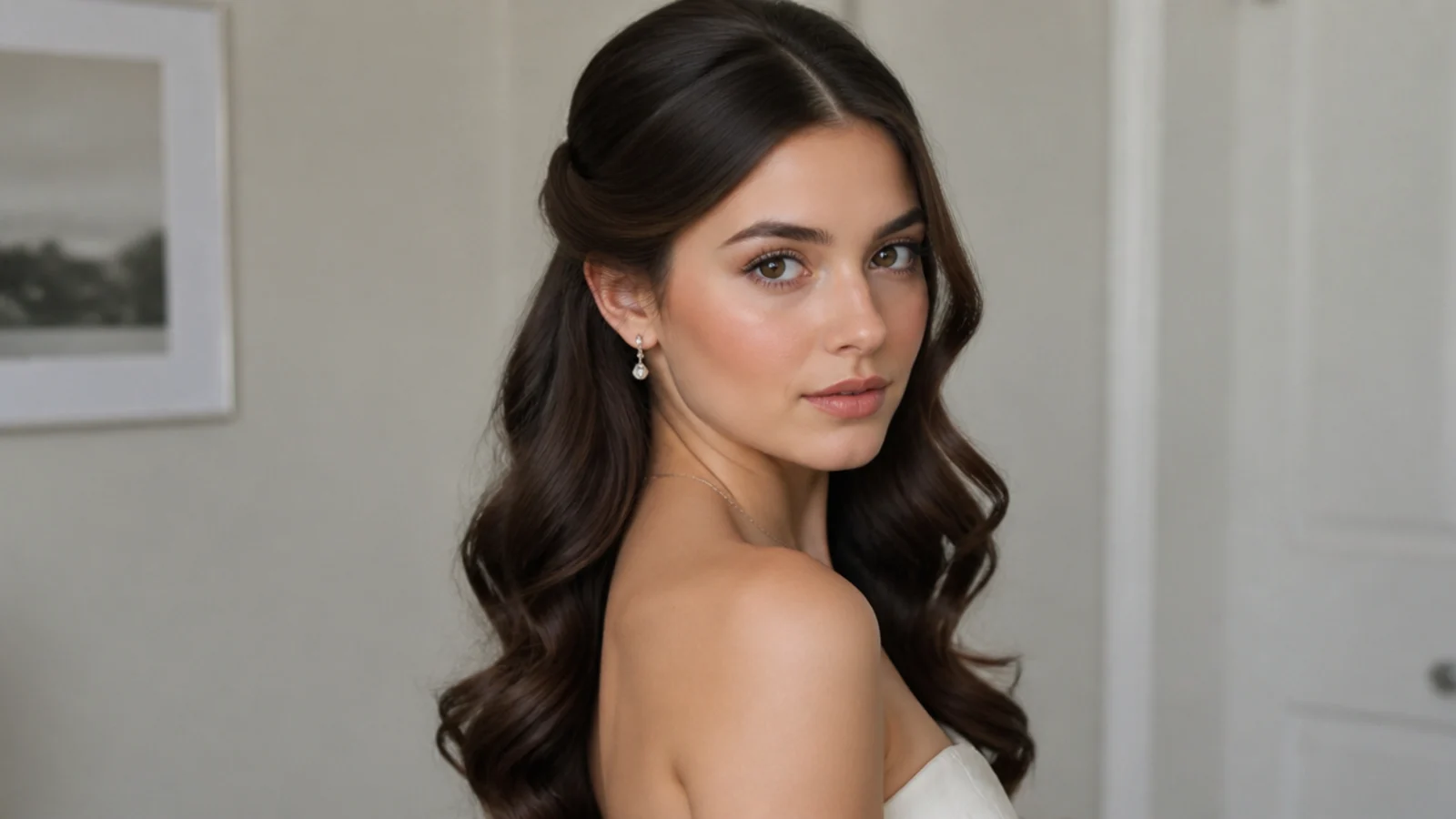 Soft half-up Hollywood waves with the top gently pinned