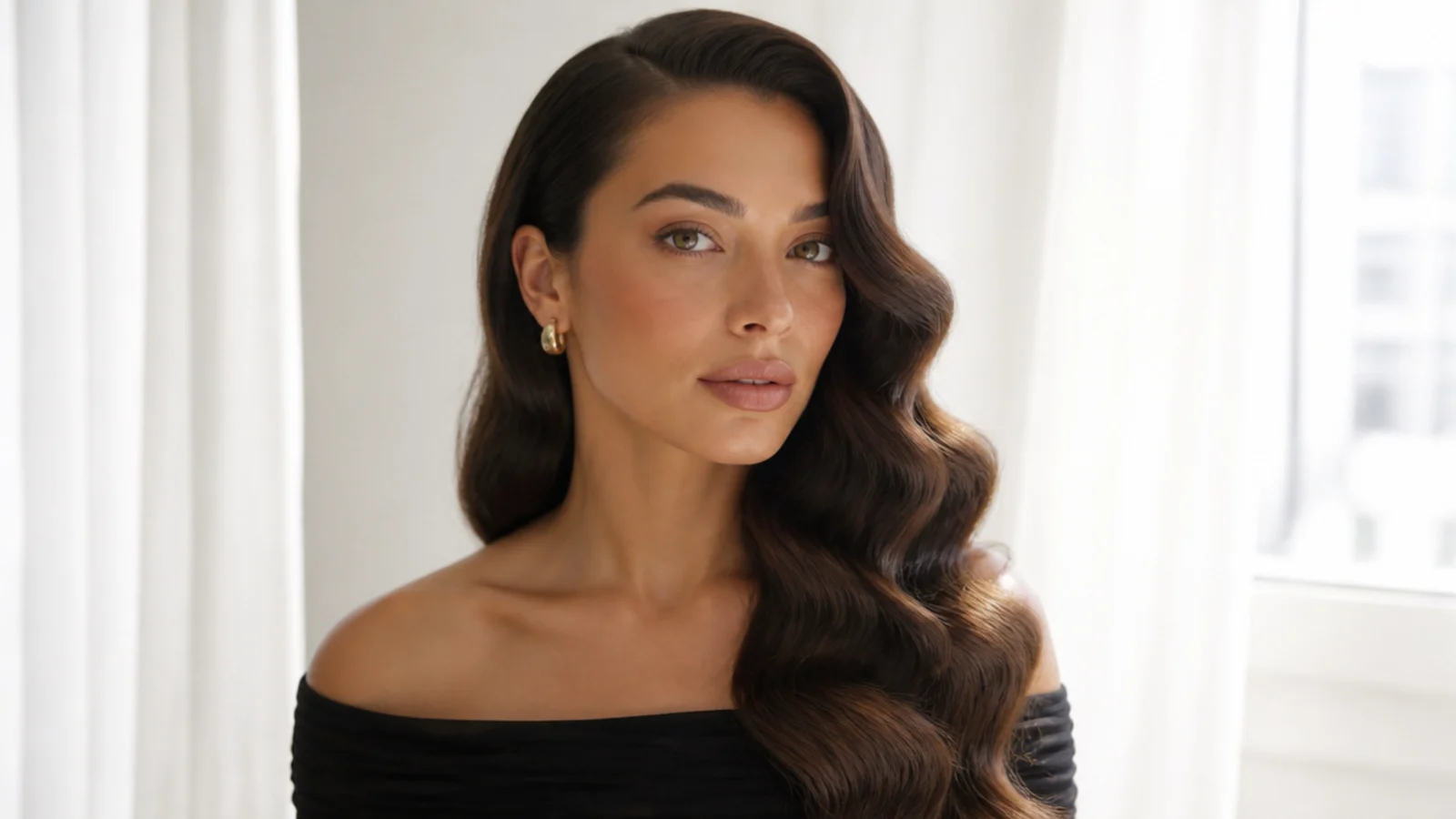 Soft Hollywood waves swept over one shoulder