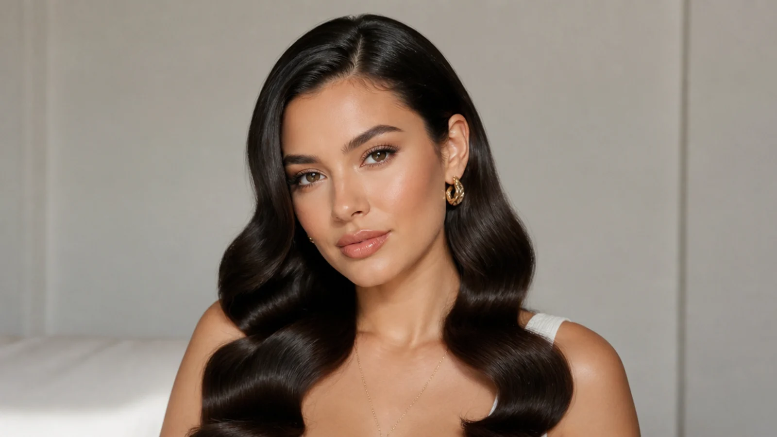 Glossy soft Hollywood waves on dark hair