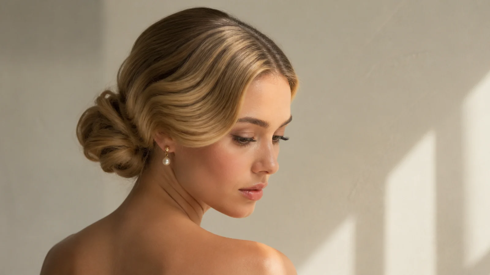 Soft Hollywood waves swept into a romantic low bun
