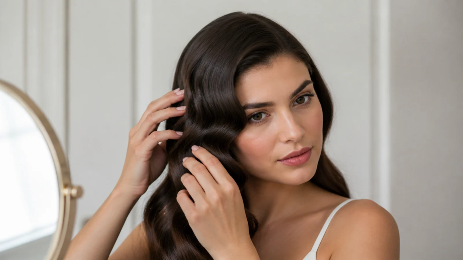 Breaking up Hollywood waves gently with fingers for a soft finish