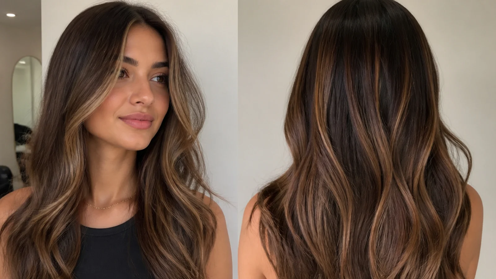 Brown hair with wide chunky caramel money piece pieces