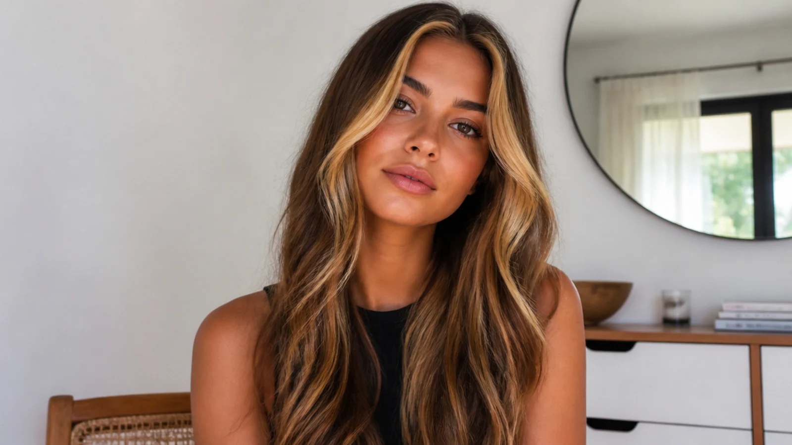 Hair with two-tone chunky money piece pieces in blonde and caramel