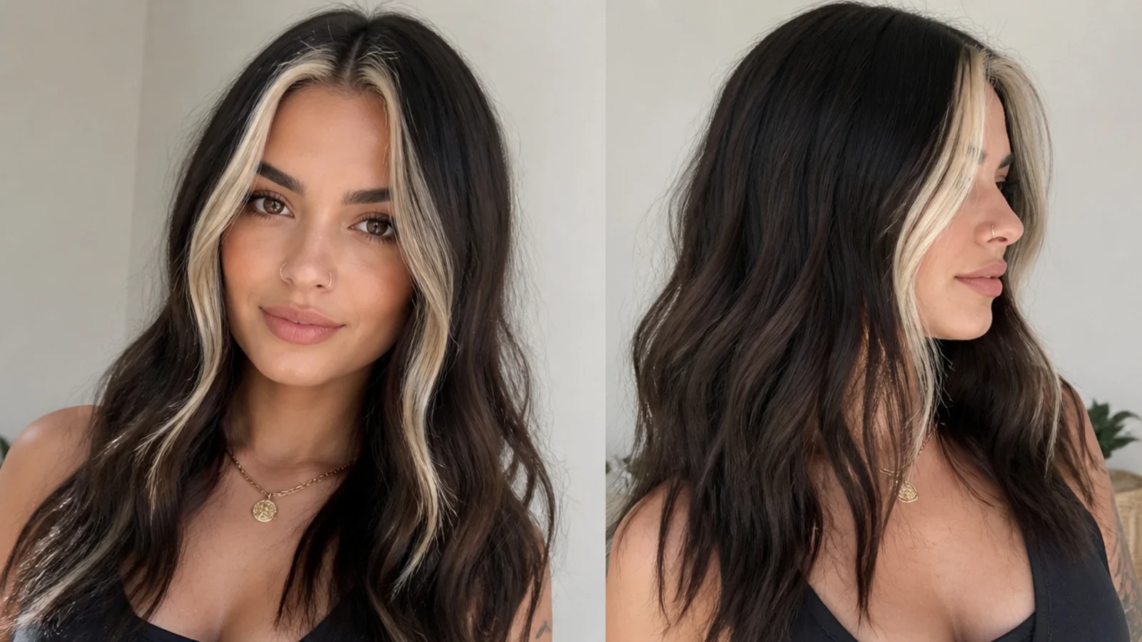 Dark hair with a bold contrasting skunk-stripe money piece