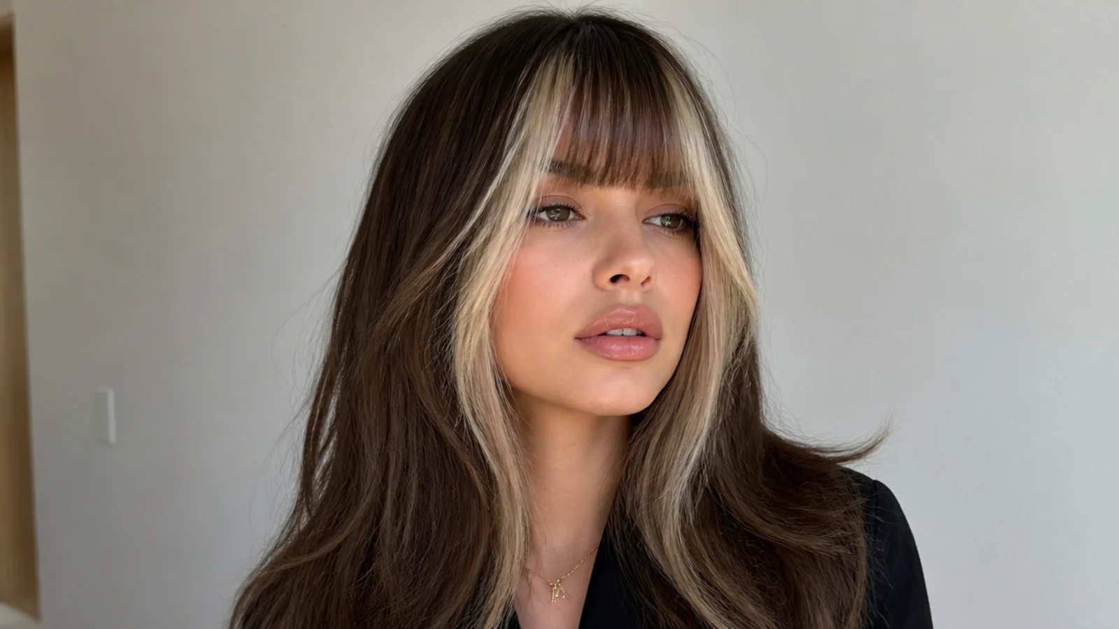 Hair with bold money piece pieces framing a blunt fringe