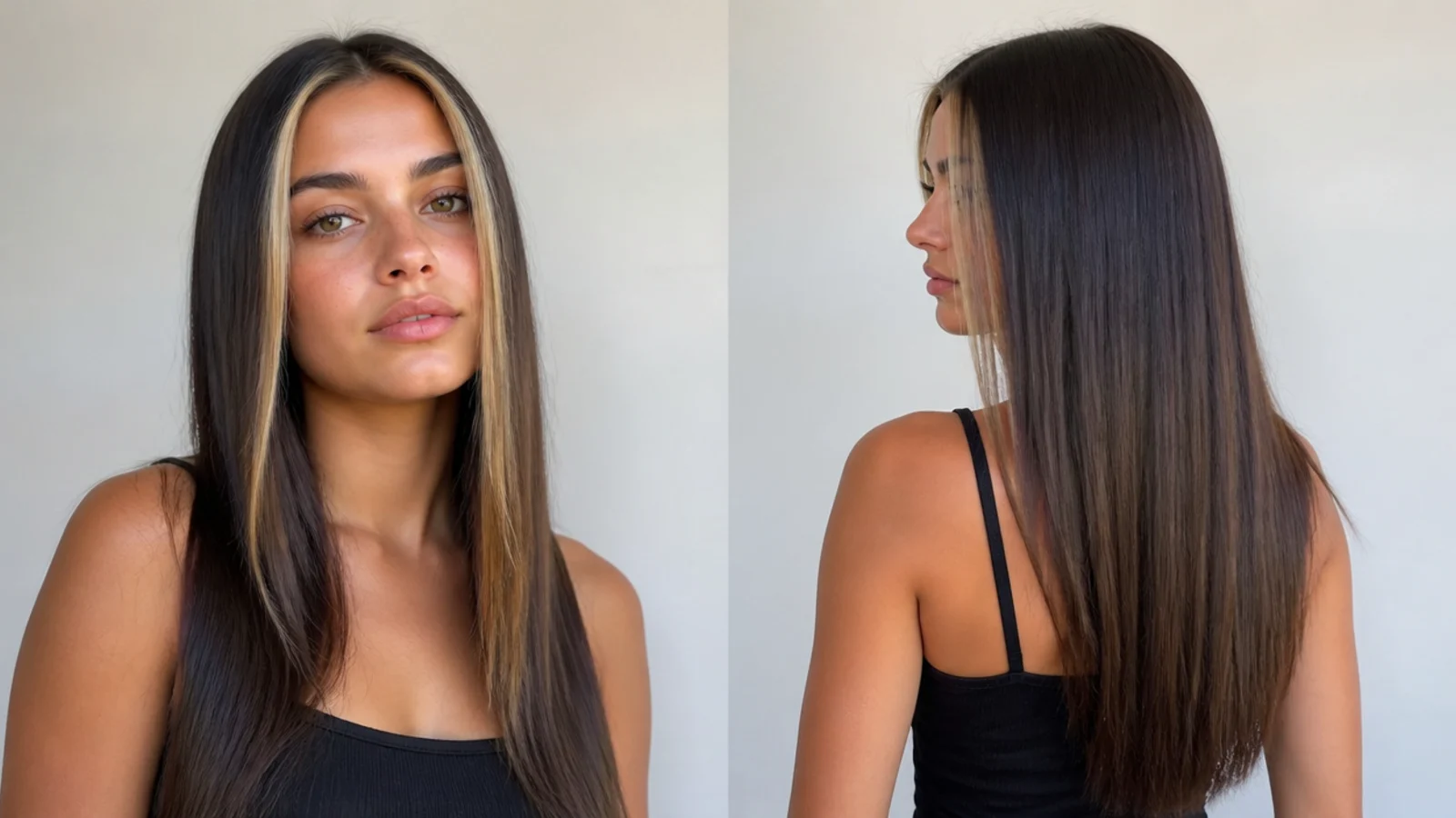 Sleek straightened dark hair with bold chunky money piece pieces