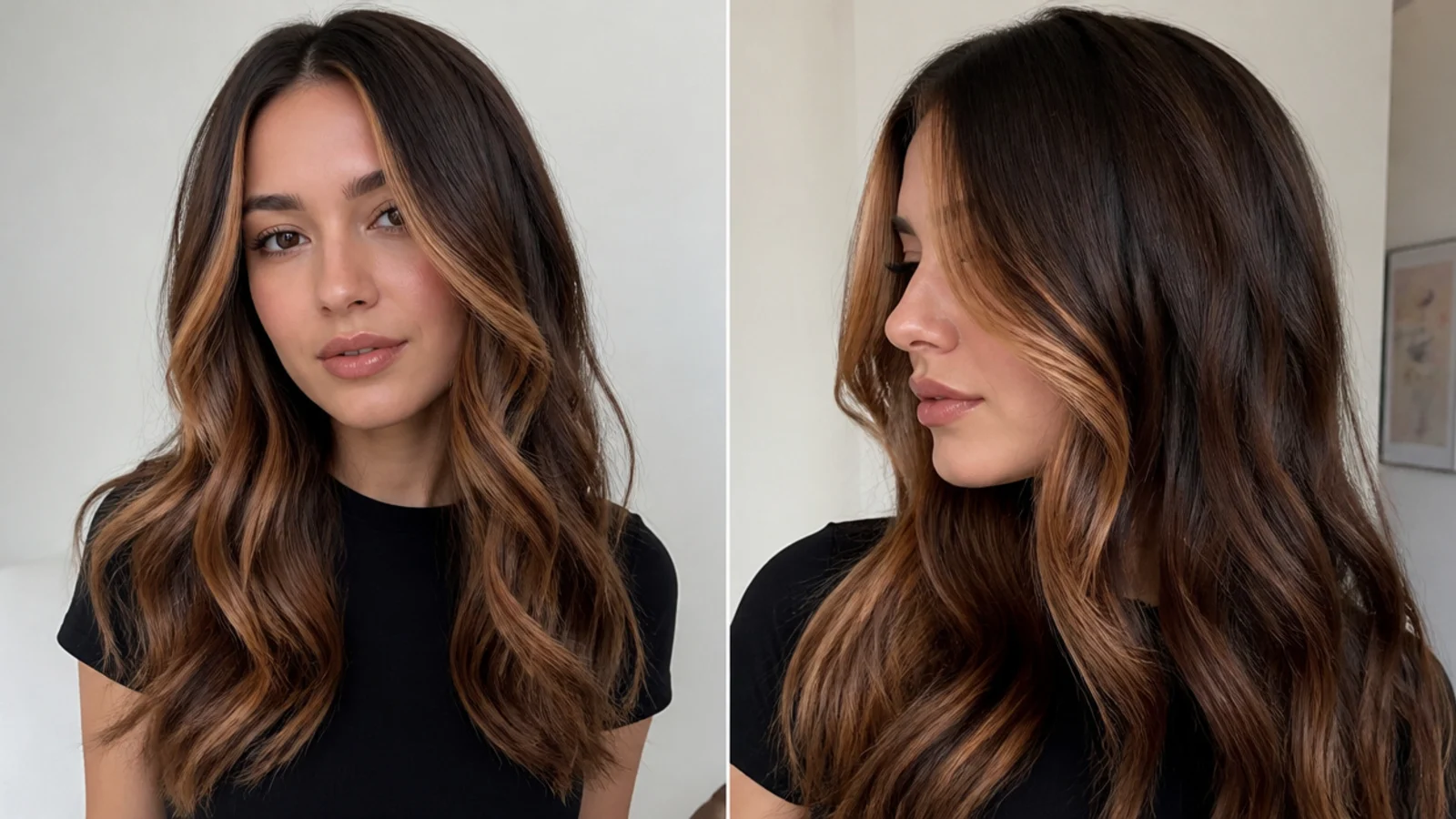 Dark hair with bold warm bronze chunky money piece pieces