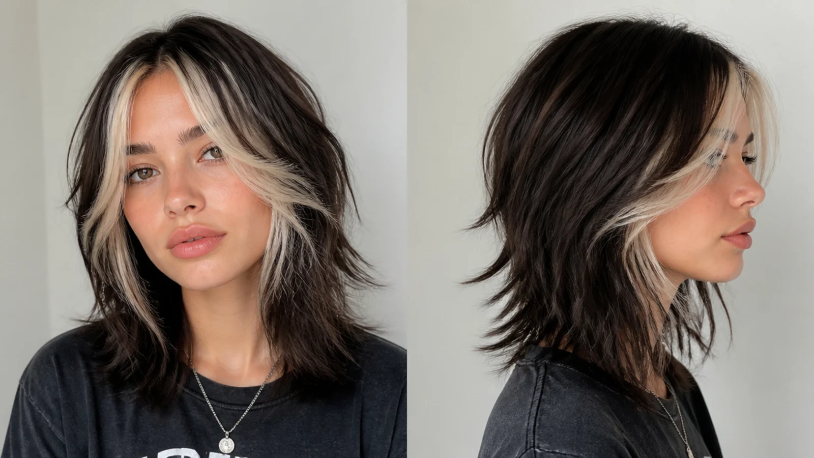 Shag haircut with bold chunky money piece pieces