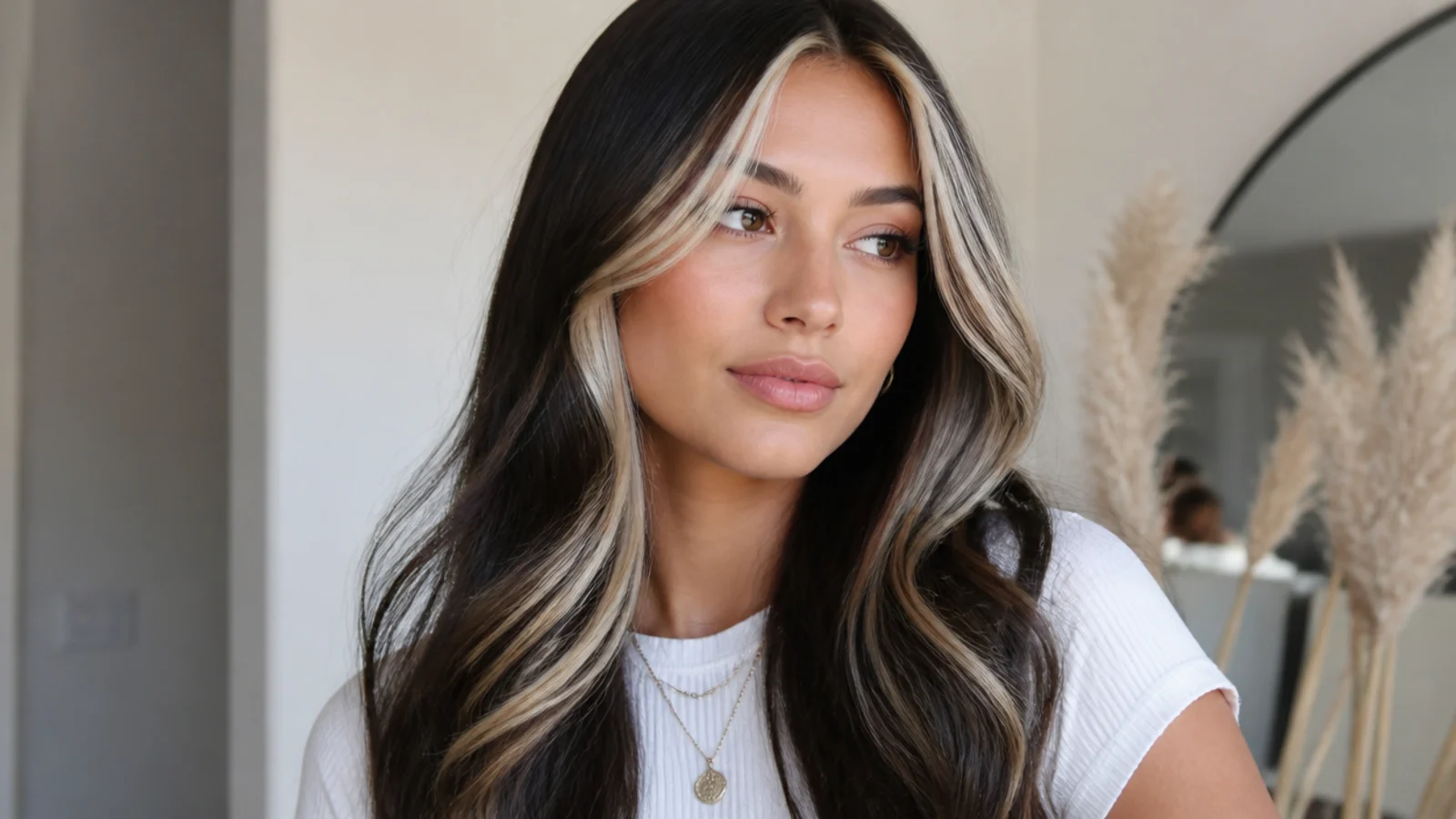 Glossy dark hair with bold high-shine chunky money piece pieces