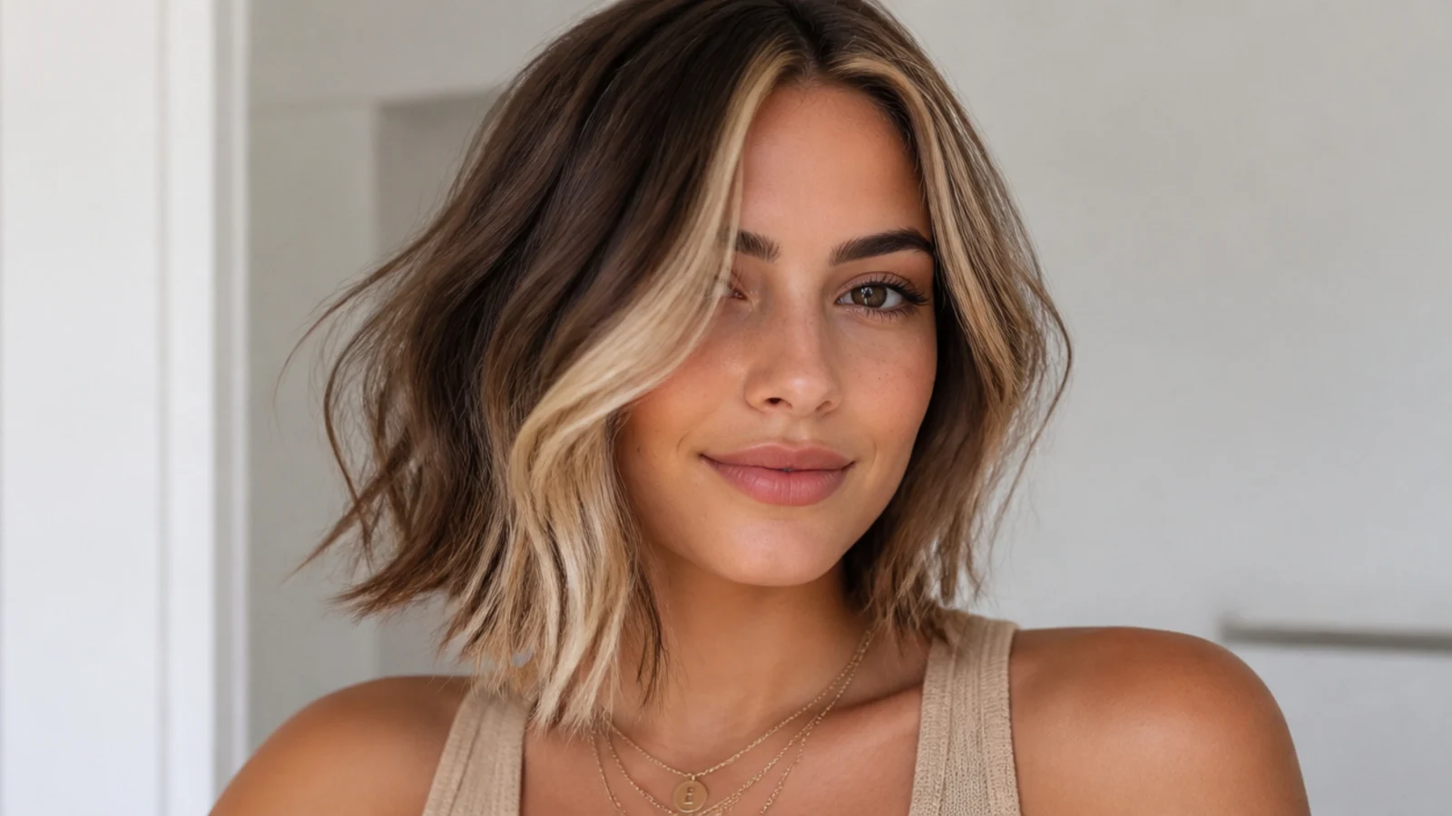 Hair with an asymmetric chunky money piece heavier on one side