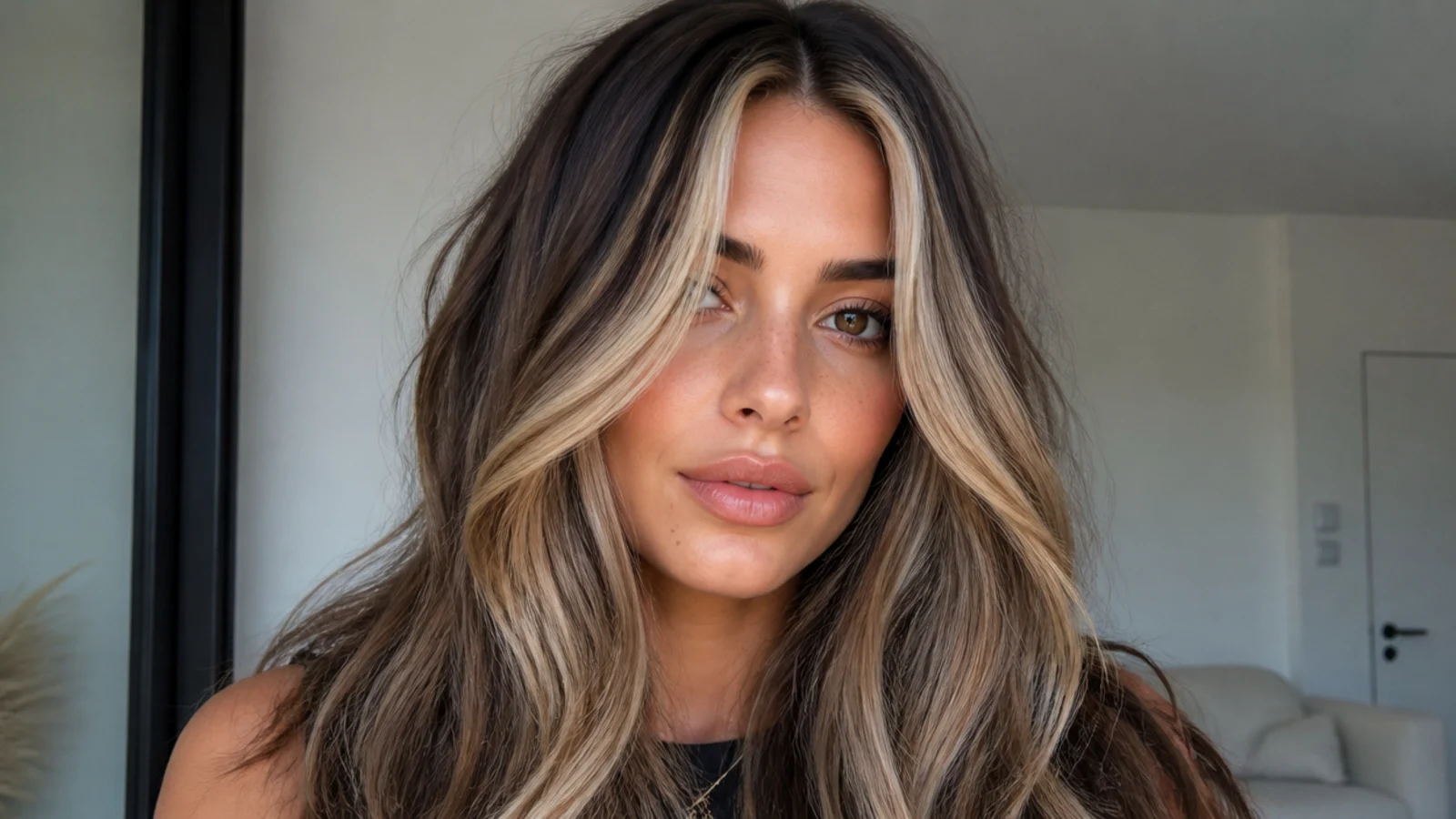 Hair with bold chunky highlights mixed with dark lowlights at the front
