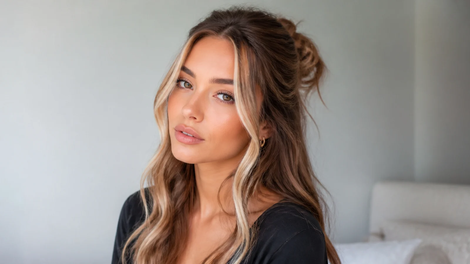 Half-up hairstyle showing bold chunky money piece pieces framing the face