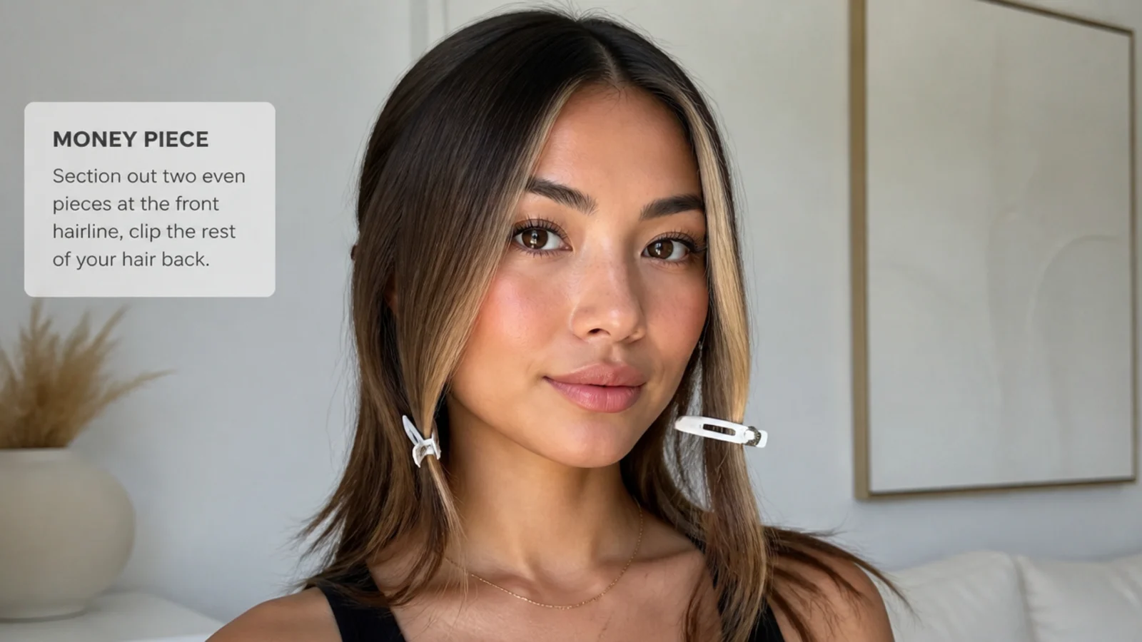 Front hair sectioned into two even pieces with clips for a money piece