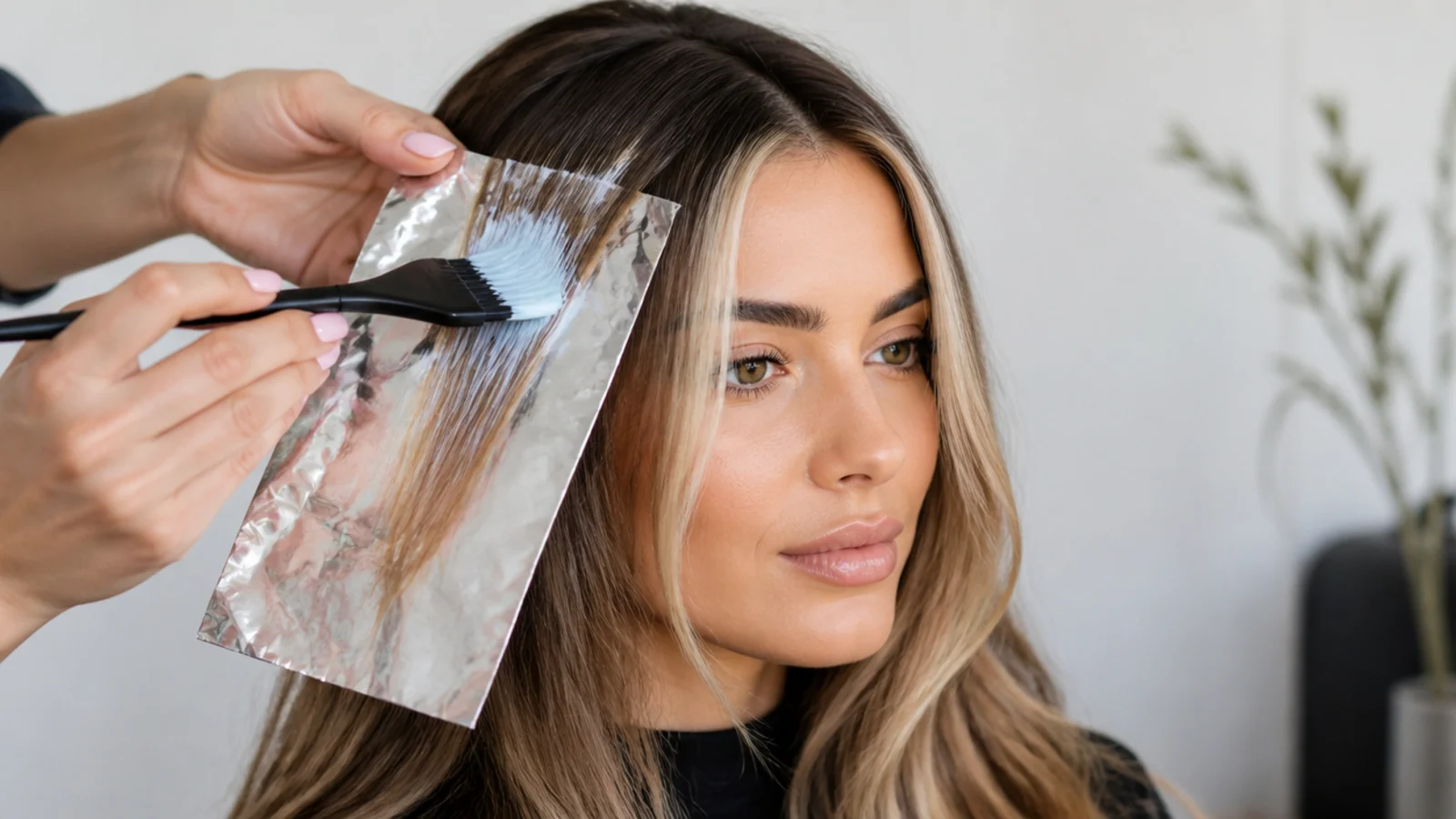 Applying lightener to the front sections of hair with a brush and foil