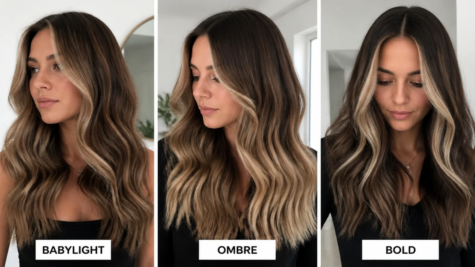 Three at-home money piece variations - babylight, ombre and bold - on brown hair