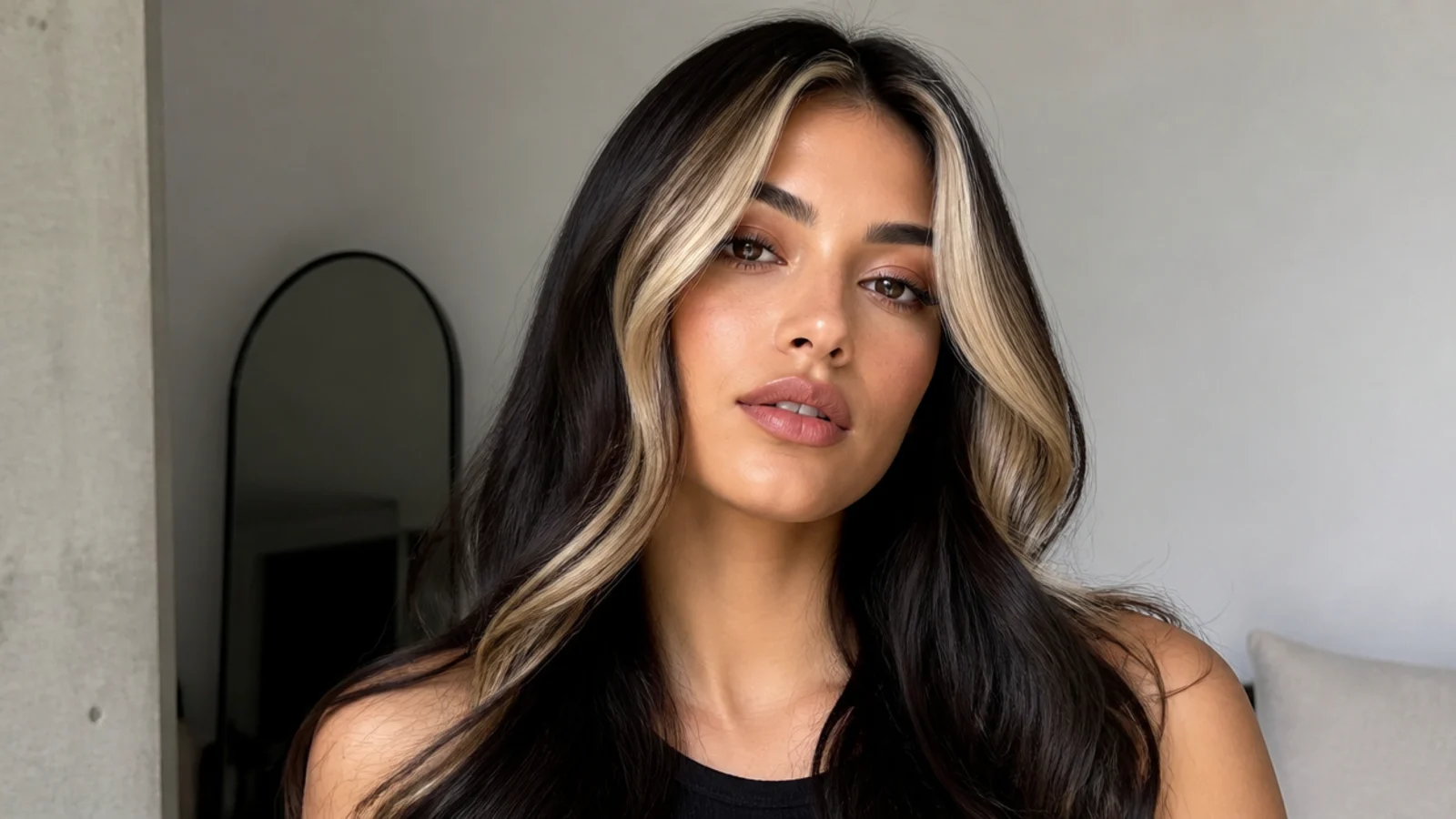 Black hair with bold chunky 90s blonde money piece pieces