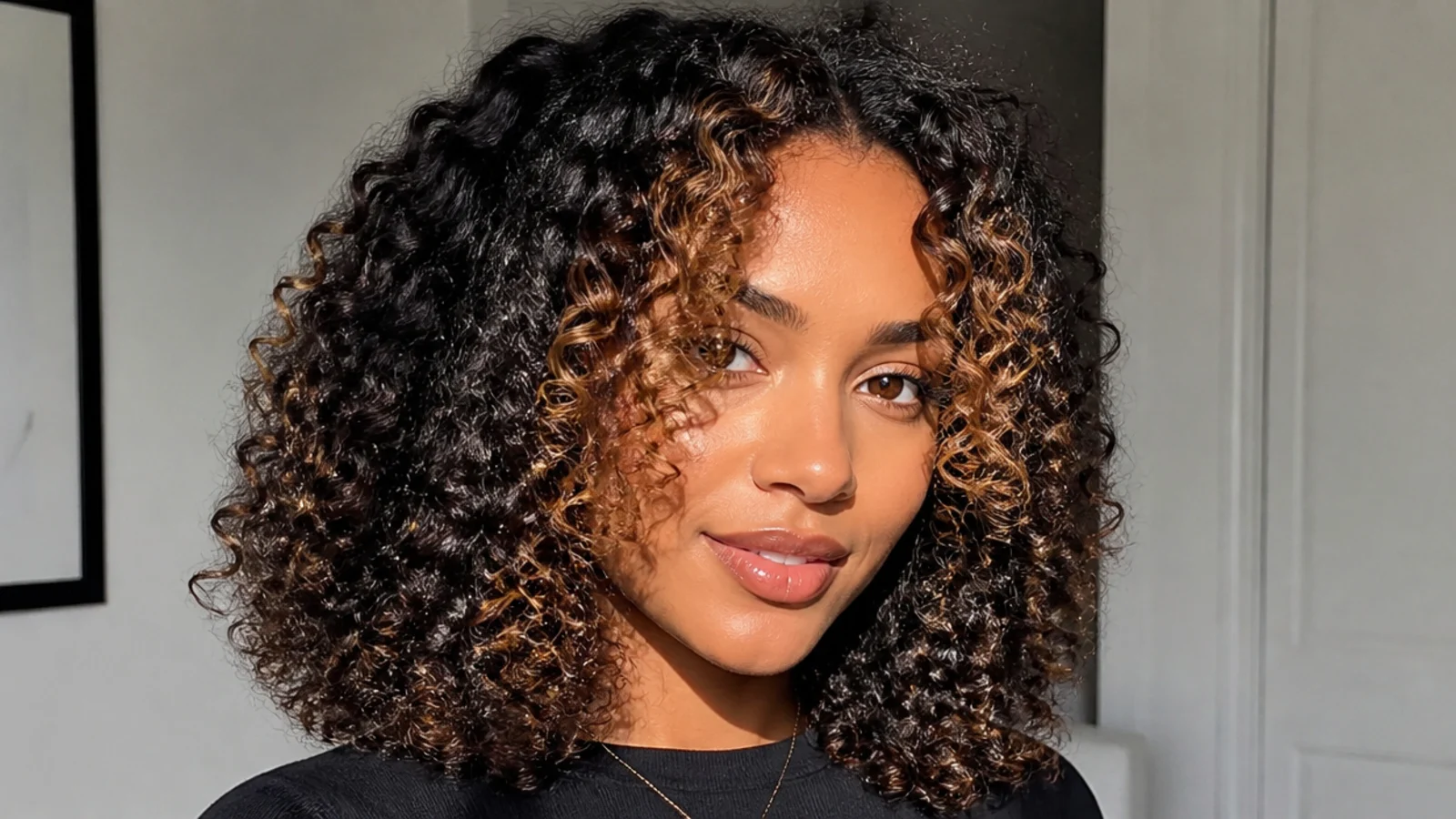 Black natural curly hair with a caramel money piece defining the front curls