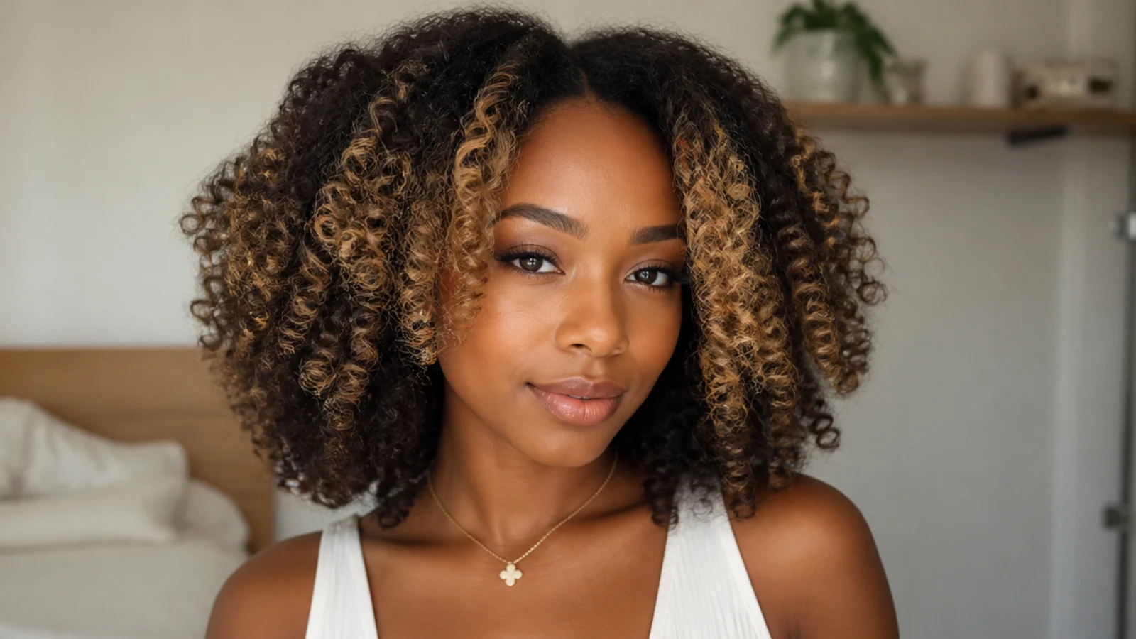 Black coily hair with honey money piece pieces