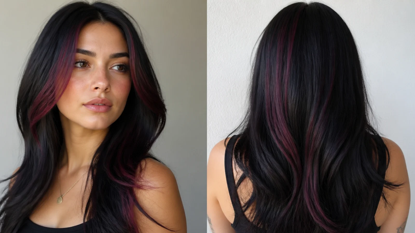Black hair with a deep burgundy money piece