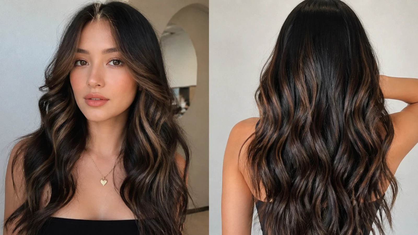 Black hair with a warm bronze money piece