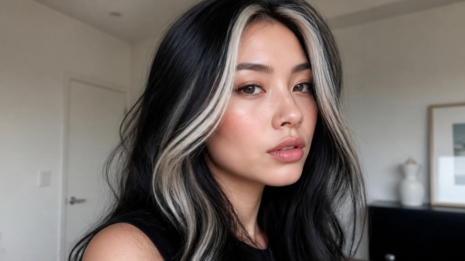 Black hair with a bold contrasting skunk-stripe money piece