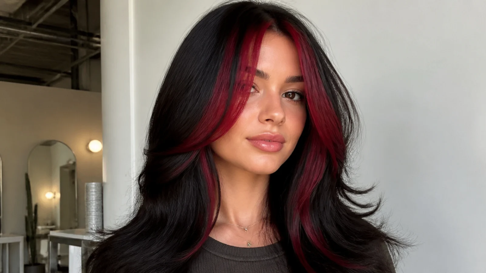 Black hair with a bold cherry red money piece