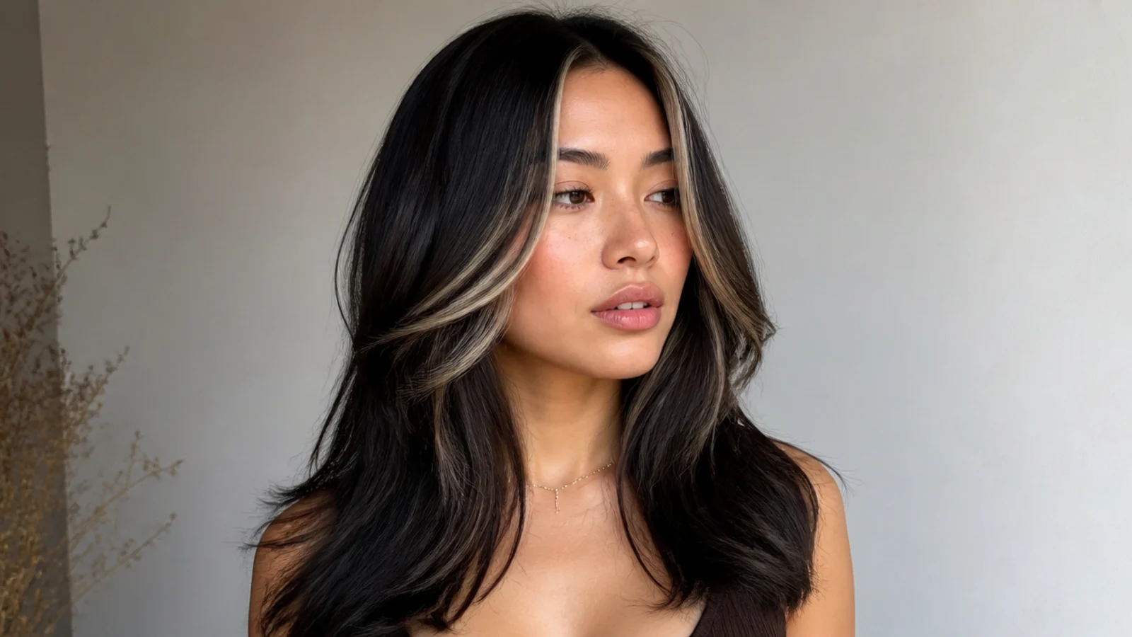 Black hair with fine subtle babylight money piece pieces