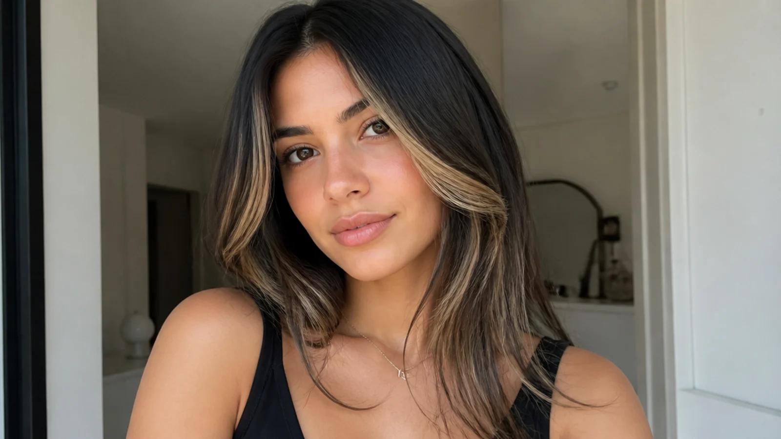 Black hair with an ombre money piece lighter toward the ends