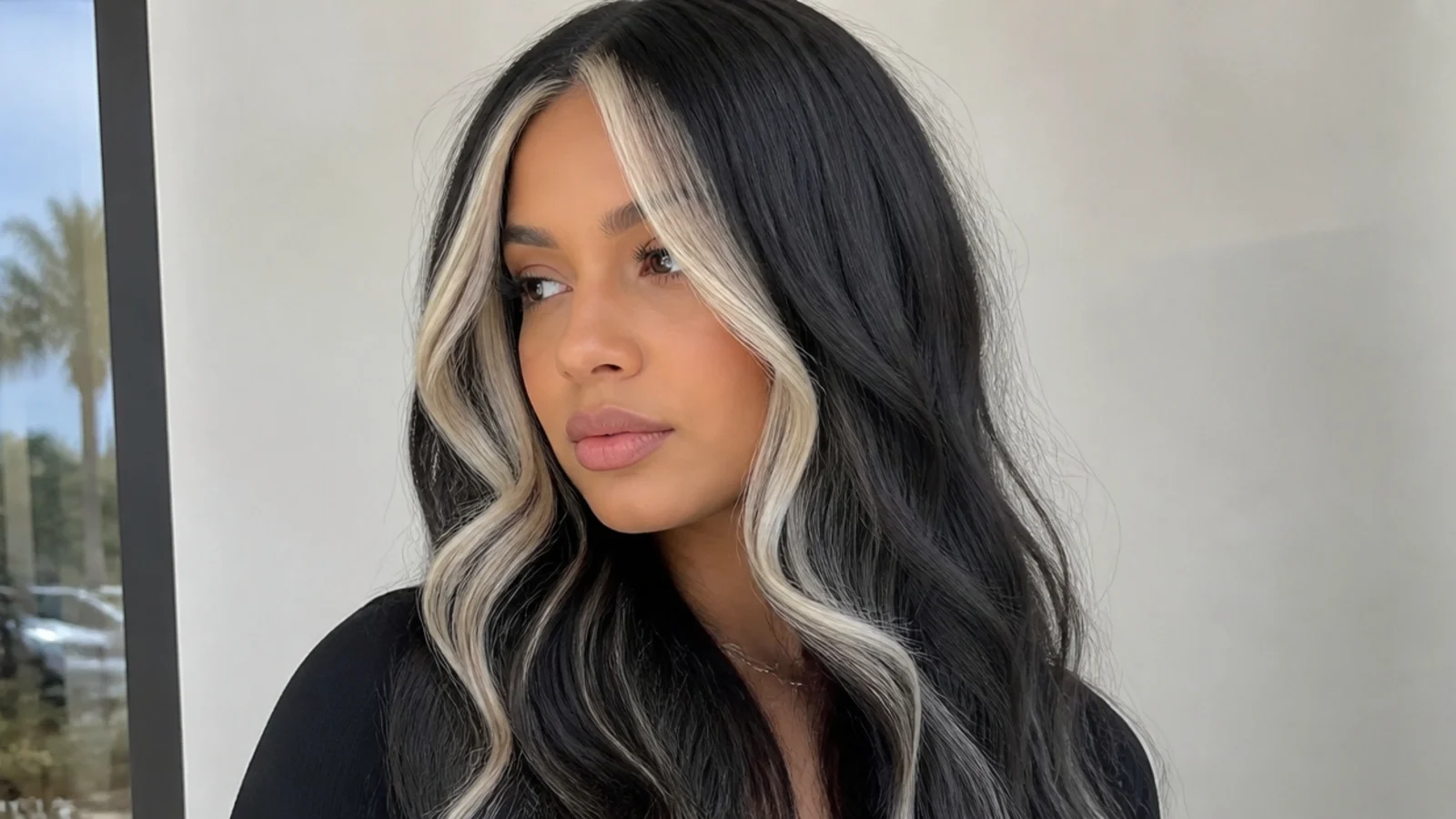 Black hair with bold icy platinum money piece pieces