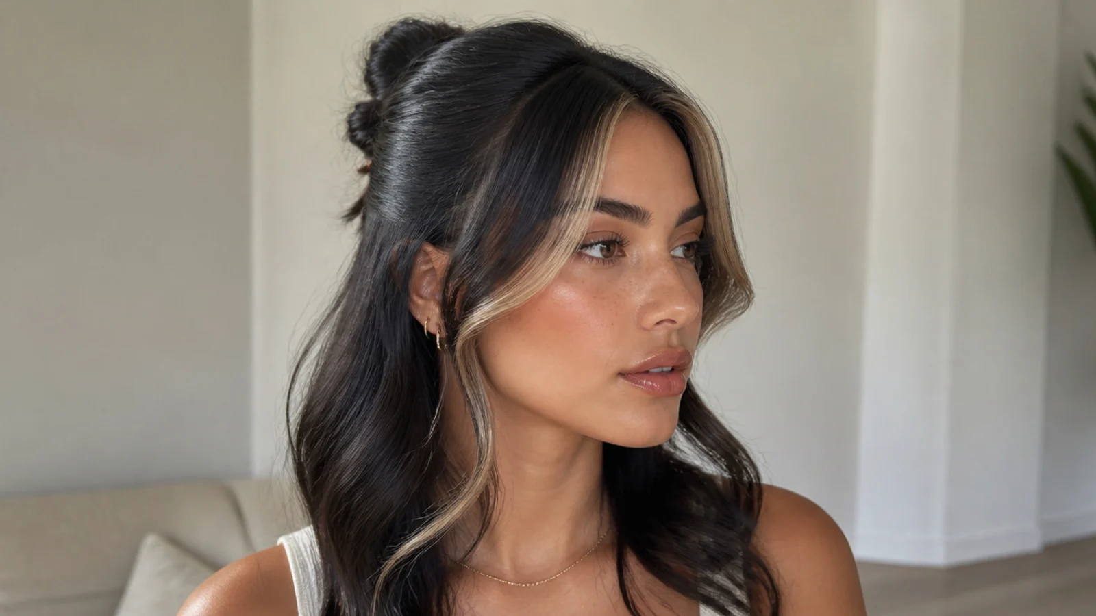 Black hair in a half-up style showing money piece pieces framing the face