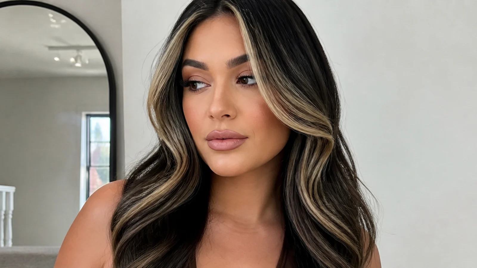 Black hair with two-tone caramel and blonde money piece pieces