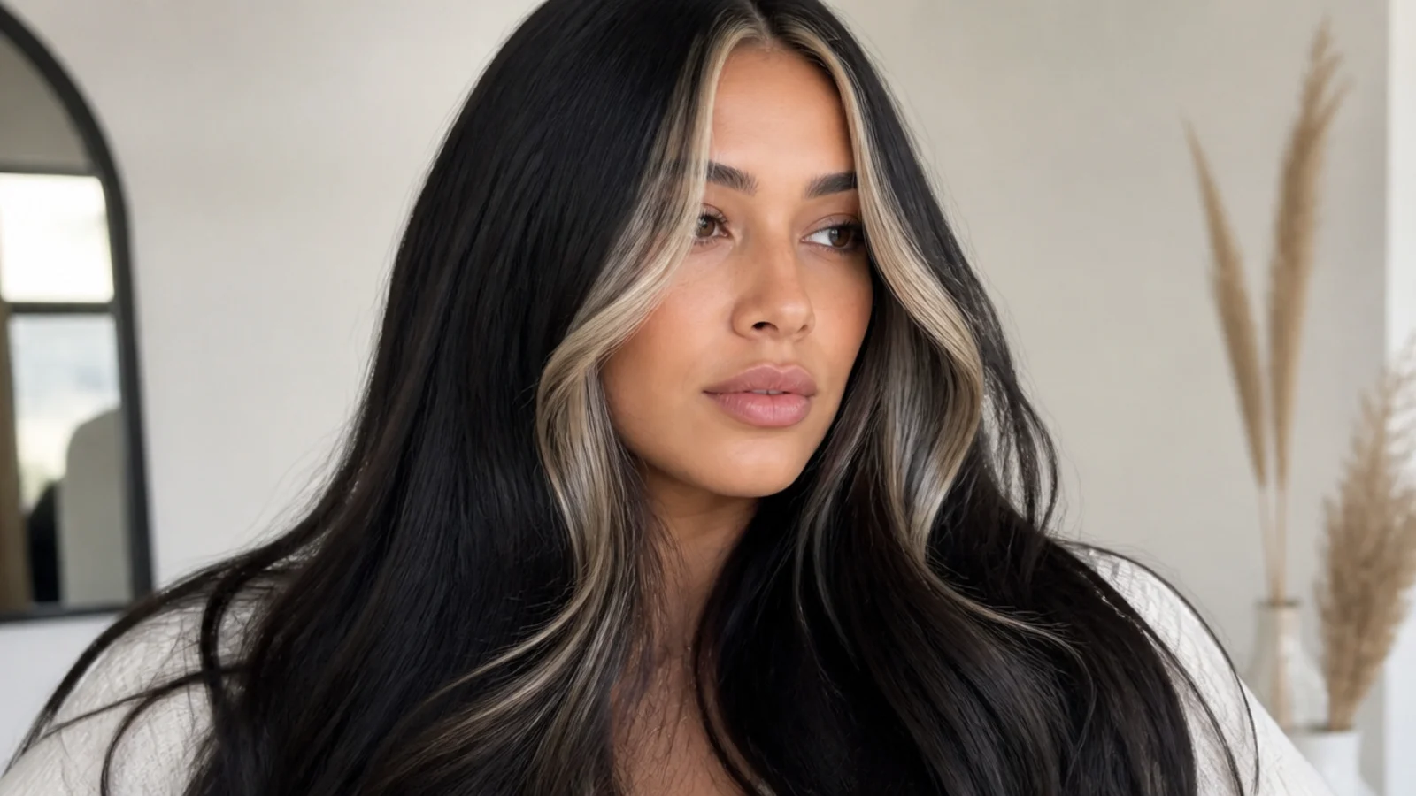 Glossy black hair with a high-shine money piece