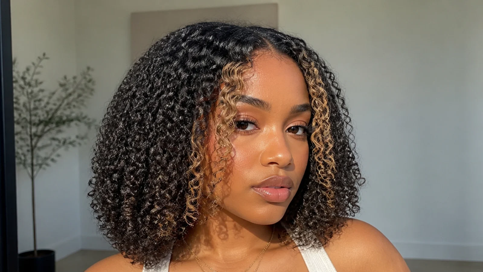 Black braid-out with money piece pieces defining the front waves
