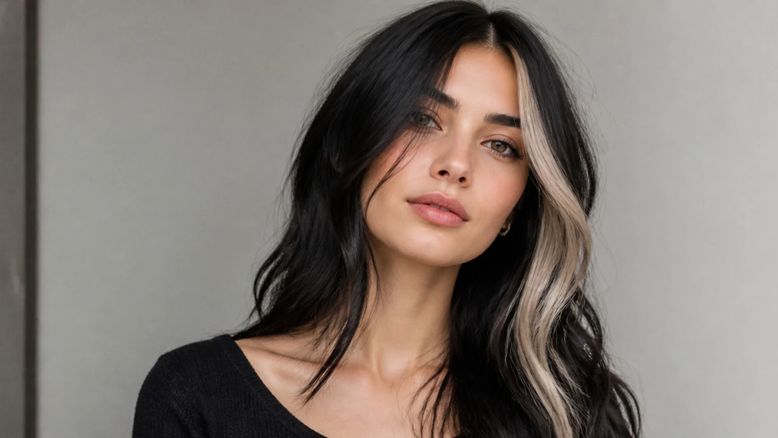 Black hair with an asymmetric money piece heavier on one side