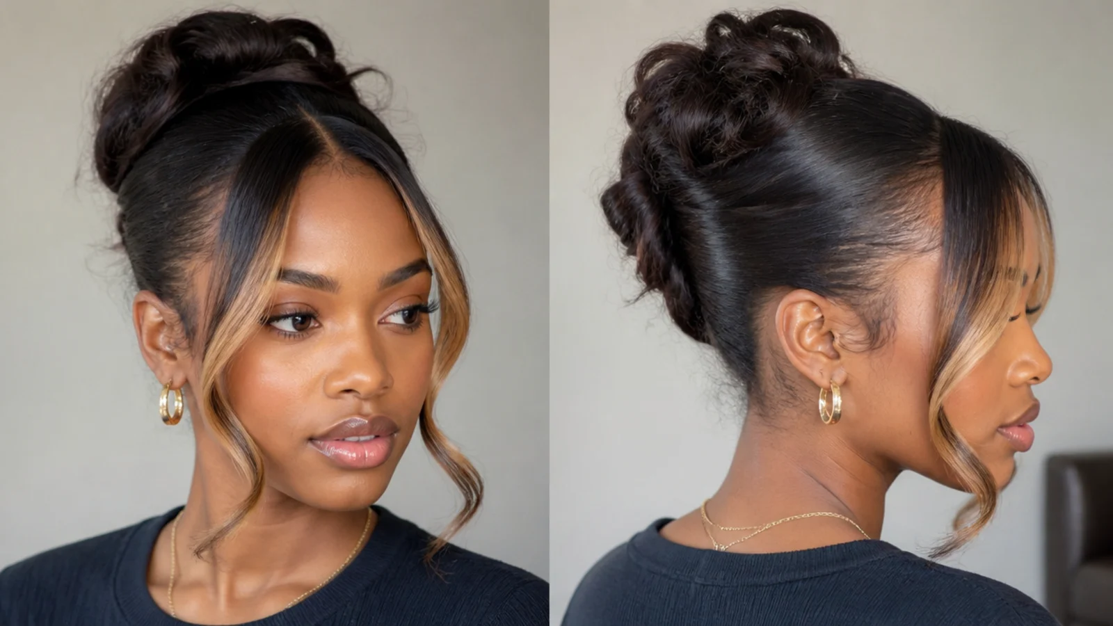 Black hair in a sleek protective updo showing money piece pieces at the front