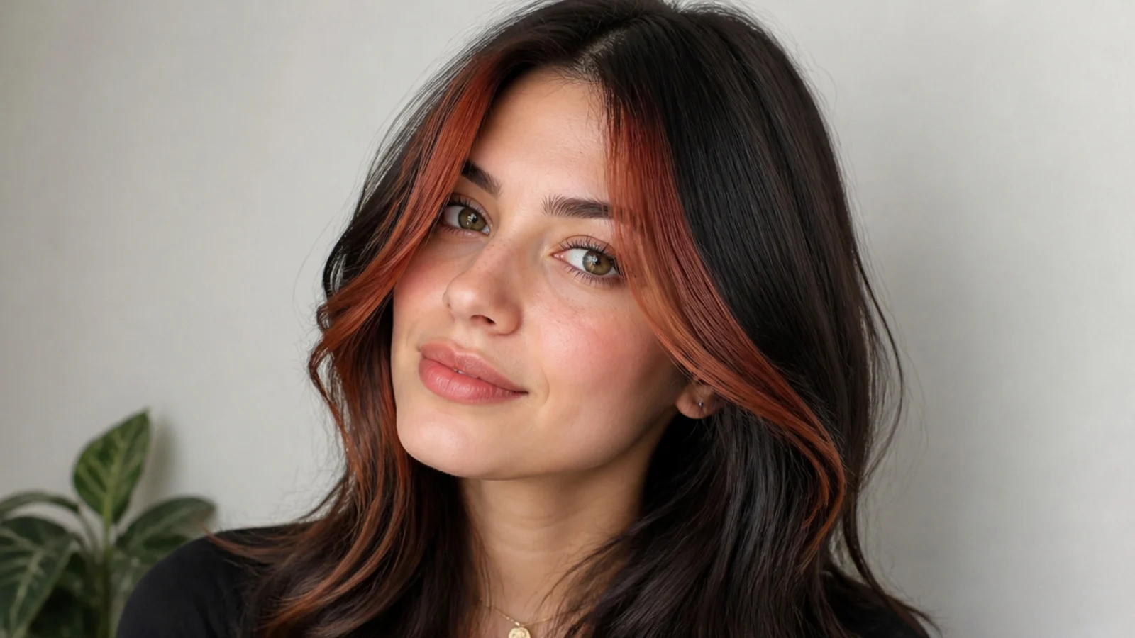 Black hair with a warm cinnamon-red money piece