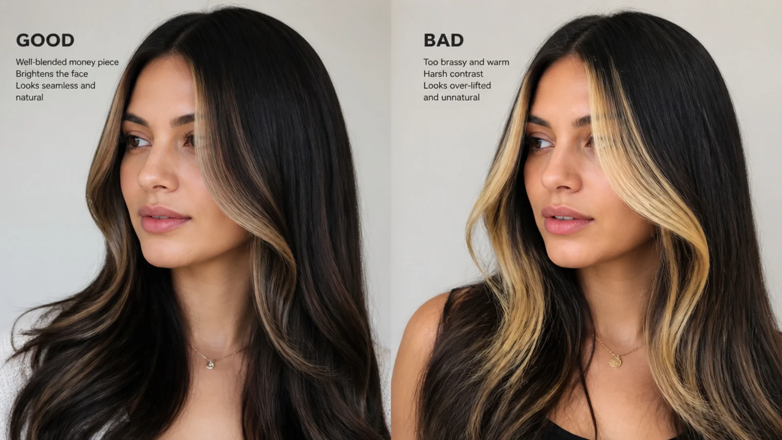 Comparison of a healthy, glossy money piece and a brassy, over-lifted one on black hair