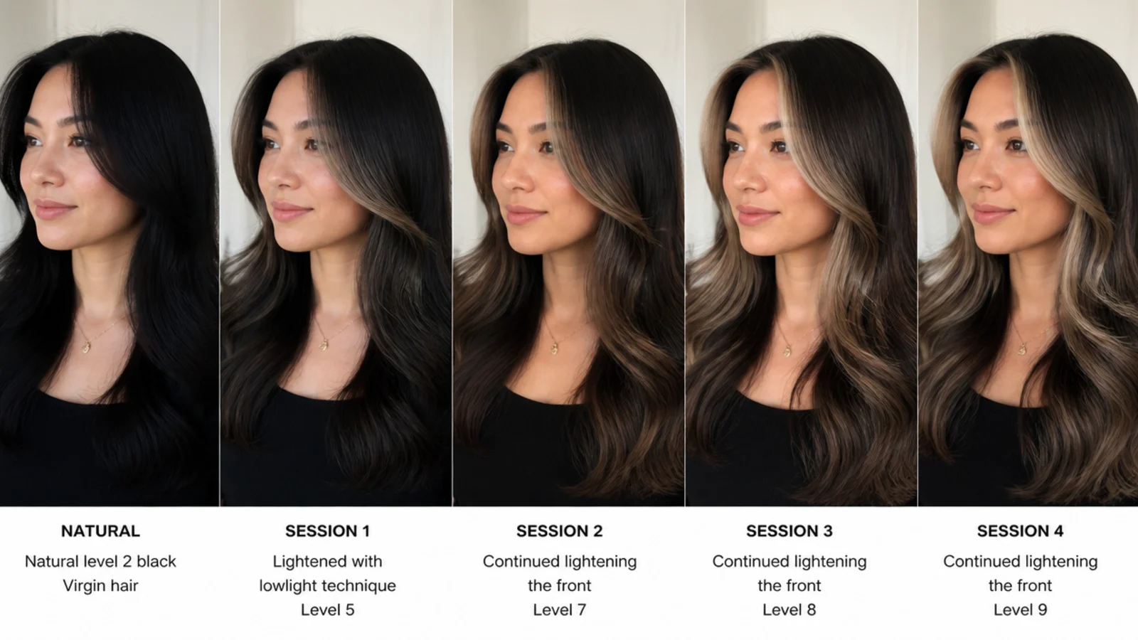 A colorist gradually lightening front sections of black hair over sessions