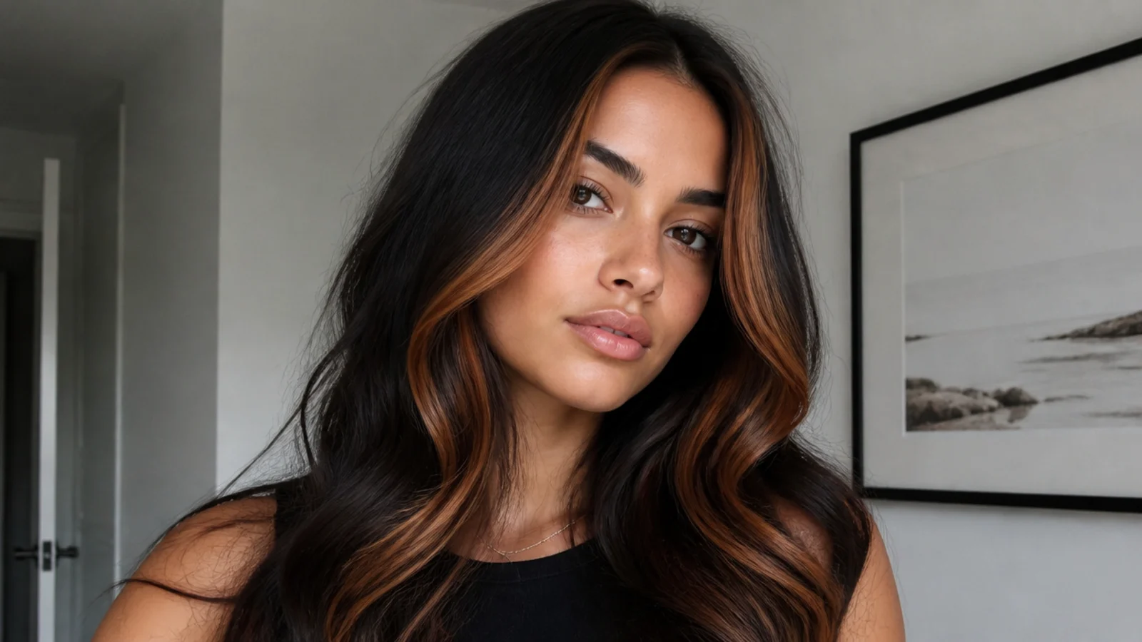 Dark hair with a copper money piece