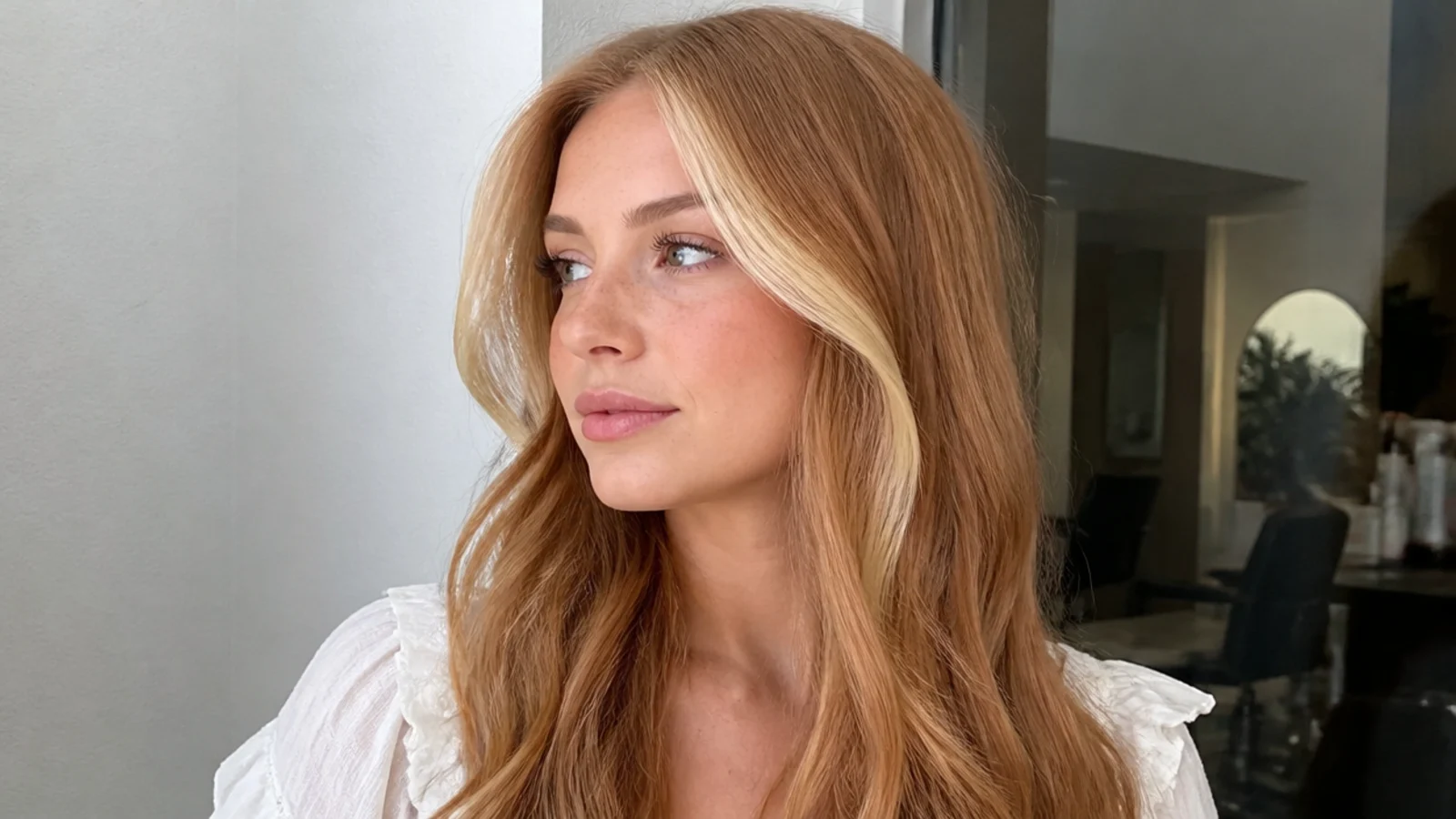 Hair with a strawberry blonde money piece
