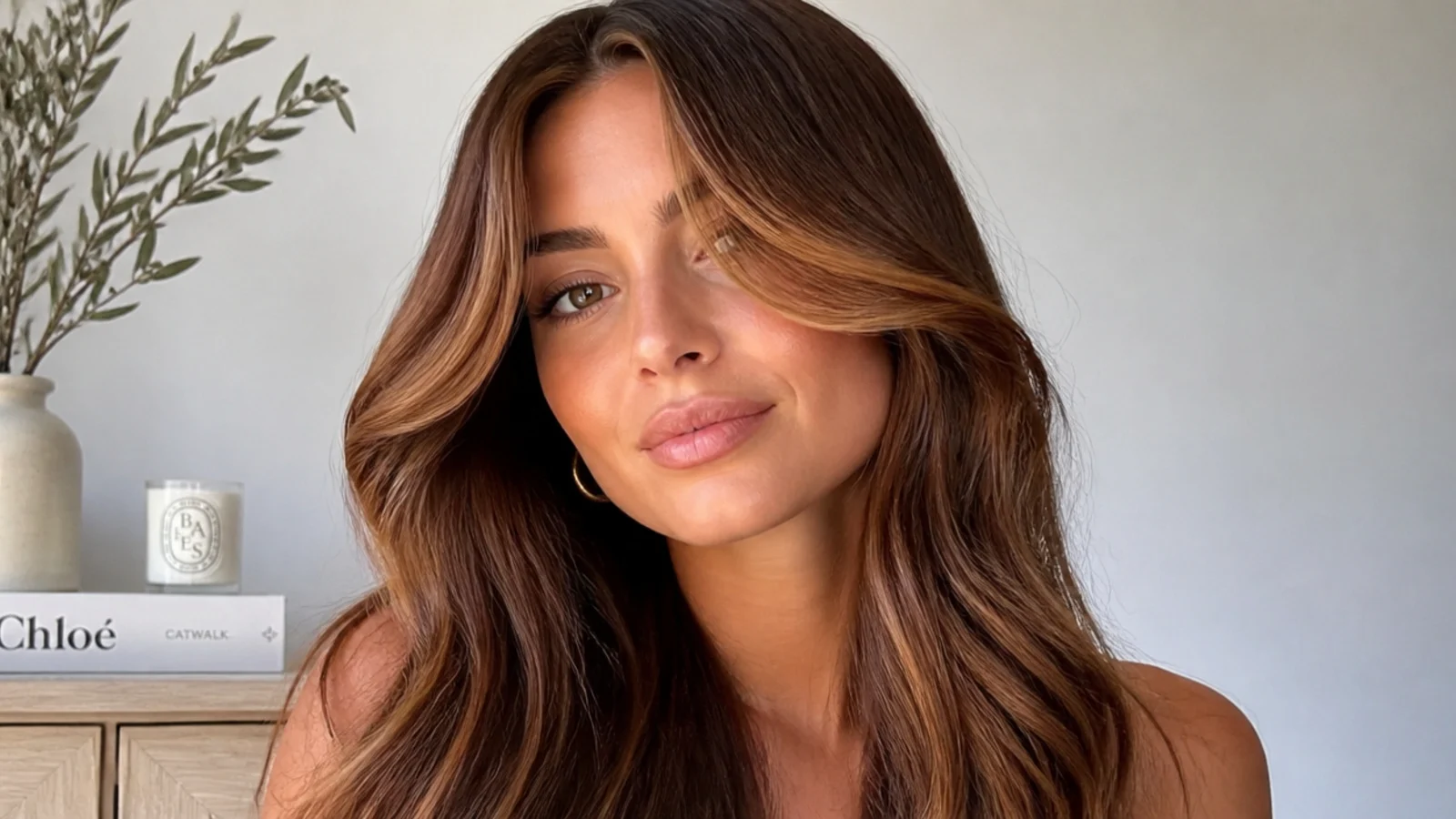 Brown hair with a warm cinnamon money piece