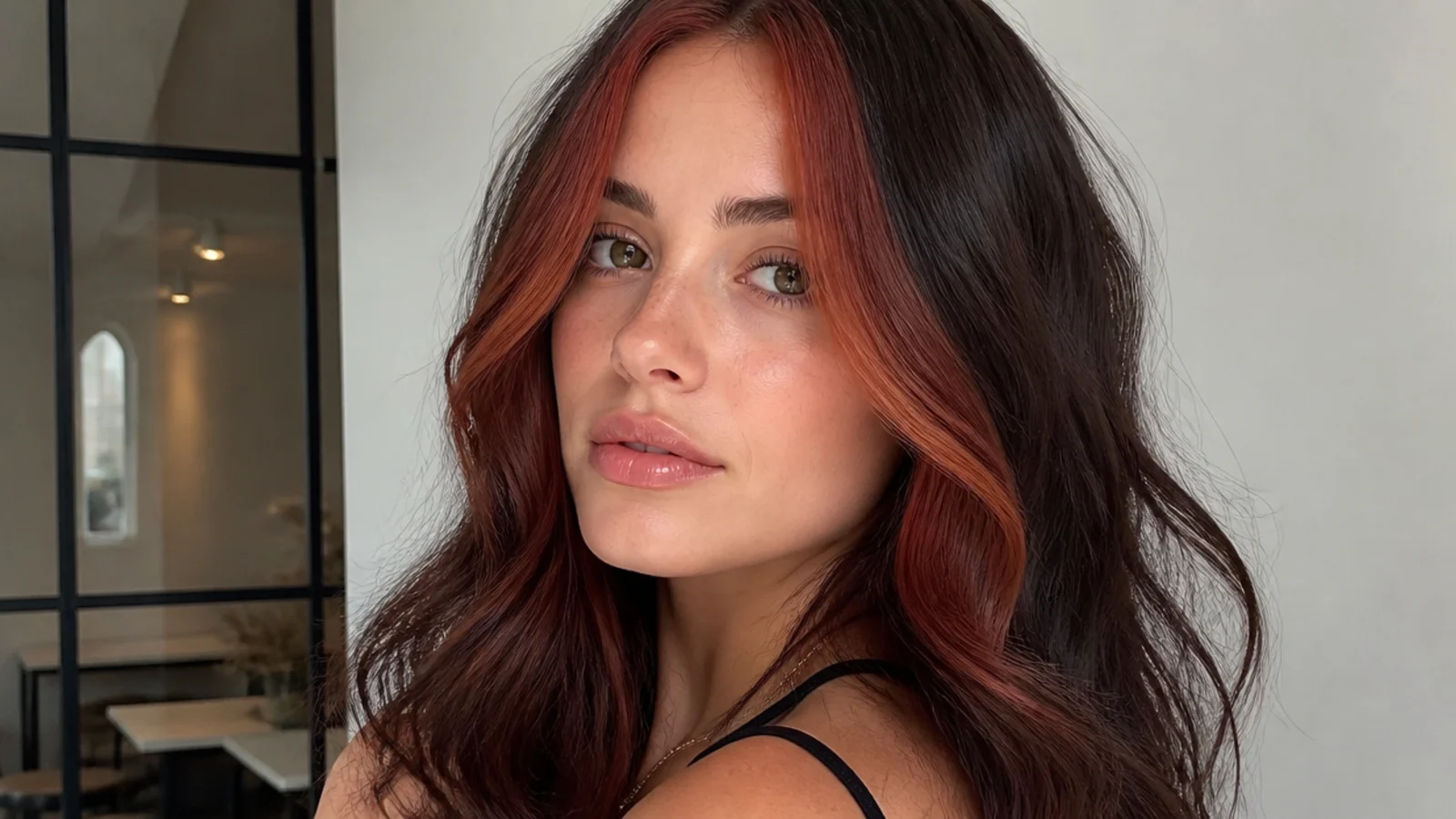 Hair with a deep auburn money piece