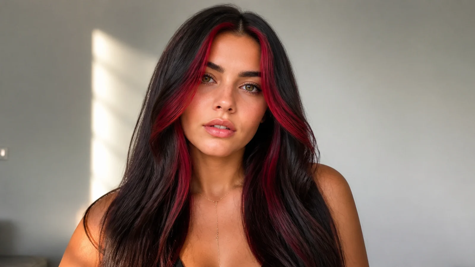 Dark hair with a bold cherry red money piece