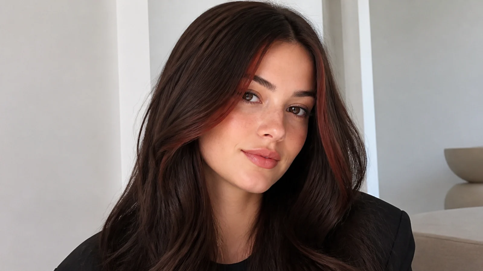 Dark brown hair with a chocolate cherry money piece