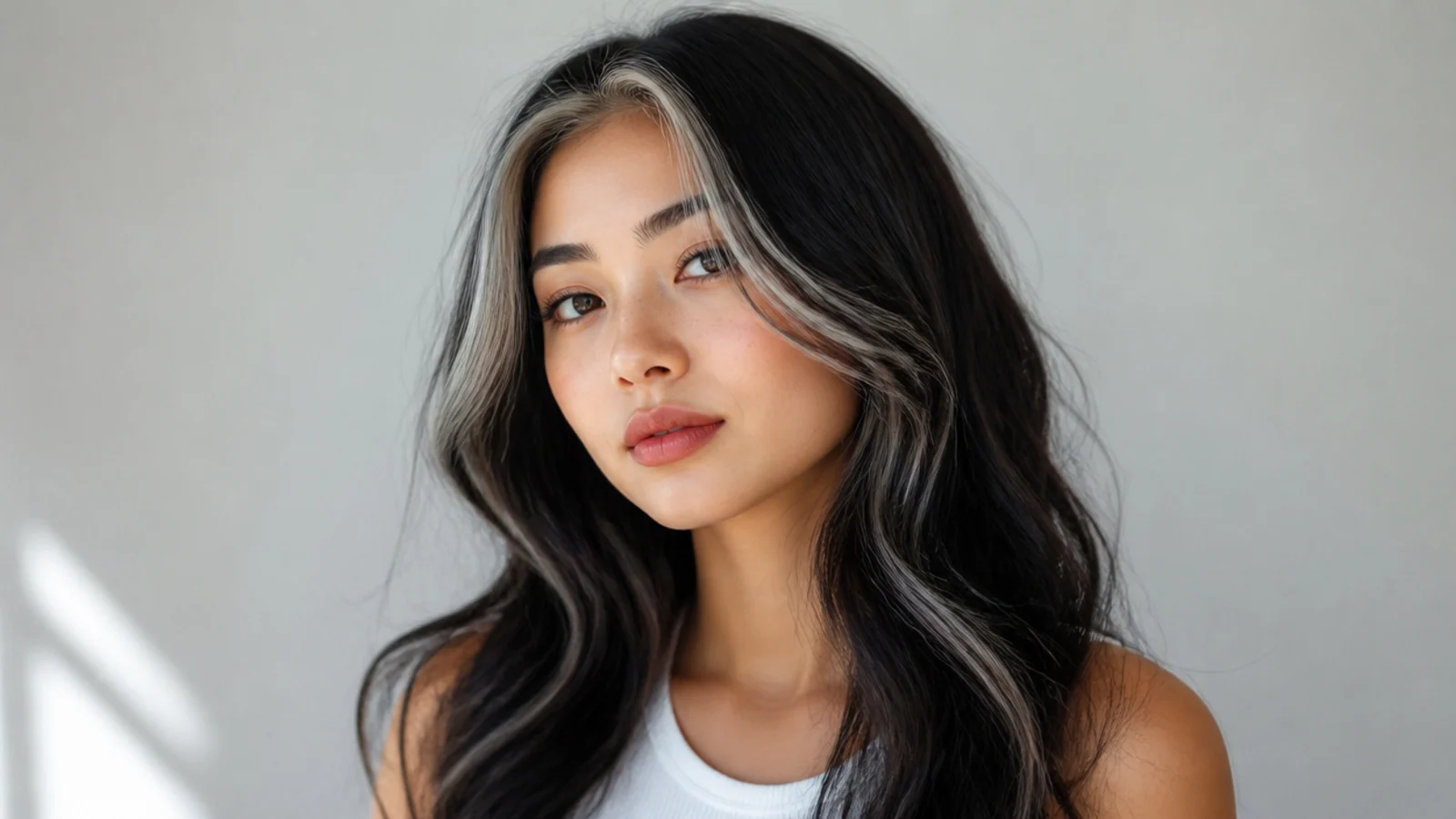 Dark hair with a silver grey money piece